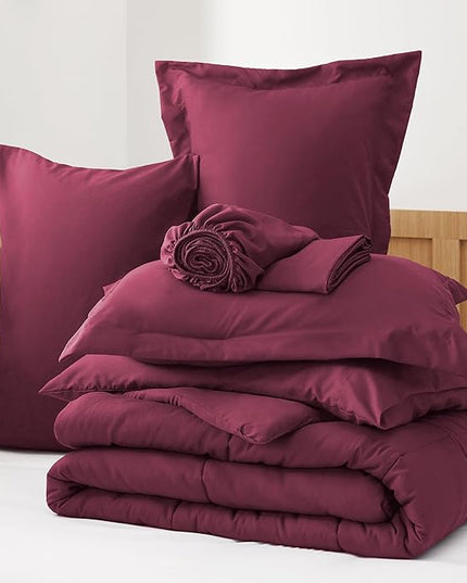 Bedsure Burgundy Twin Comforter Set - 5 Pieces Solid Twin Bed in a Bag, Twin Bed Set Burgundy with Comforters, Sheets, Pillowcase & Sham - LeafyLoom