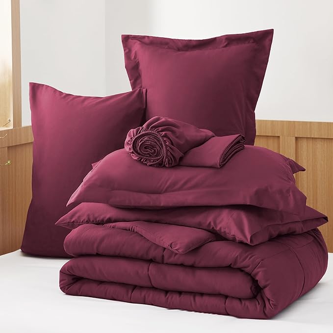 Bedsure Burgundy King Size Comforter Set - 7 Pieces Solid King Bed in a Bag, King Bed Set Burgundy with Comforters, Sheets, Pillowcases & Shams - LeafyLoom