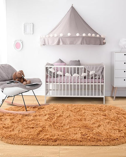 Noahas Ultra Soft Fluffy Bedroom Rugs,2.6' X 5.3' Oval Khaki Fluffy Rugs for Bedroom,Small Throw Rugs, Kids Room Carpet Modern Shaggy Area Rugs Home Decor - LeafyLoom