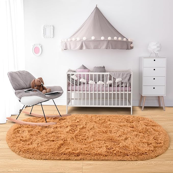 Noahas Ultra Soft Fluffy Bedroom Rugs,2.6' X 5.3' Oval Khaki Fluffy Rugs for Bedroom,Small Throw Rugs, Kids Room Carpet Modern Shaggy Area Rugs Home Decor - LeafyLoom