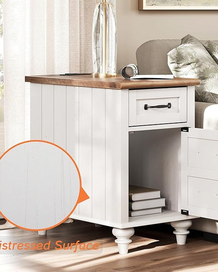 WAMPAT 2 Pack White End Table with Charging Station, Wood Side Sofa Table with Drawer and Storage Cabinet, Modern Nightstand with Power Outlets & USB Ports for Living Room, Bedroom - LeafyLoom