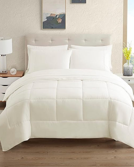 Dorm Room Essentials College Bedding Comforter Set 7 Piece Full Size Bed in a Bag for College Students Boys and Girls, Full, Ivory - LeafyLoom