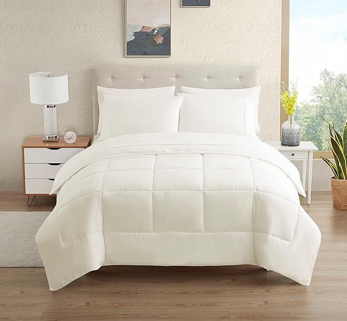 Dorm Room Essentials College Bedding Comforter Set 5 Piece Twin Size Bed in a Bag for College Students Boys and Girls, Twin, Ivory - LeafyLoom