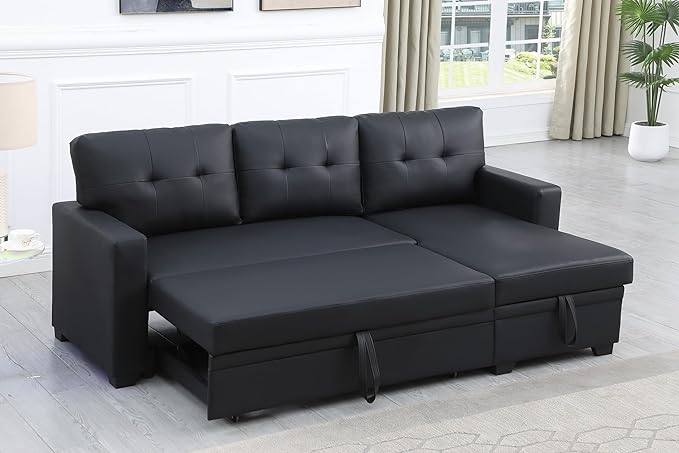 82" L Shaped Pull Out Couch Bed with Storage Chaise,Faux Leather Upholstered Convertible Sectional Sofa W/ 3 Removable Back Cushions for Living Room,Apartment,Office,Black - LeafyLoom