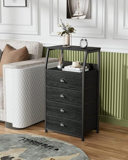 Furnulem Tall 4 Drawers Dresser, Vertical Storage Tower Black Dresser for Bedroom, Hallway, Entryway, Nursery, Closet Organizer, Nightstand Bedside Table Furniture, Sturdy Steel Frame, Wood Top - LeafyLoom