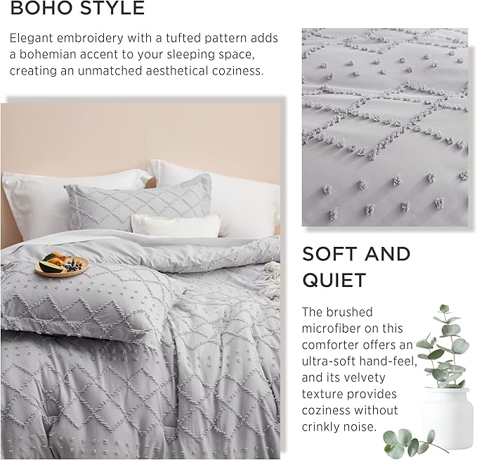 Bedsure King Size Comforter Set - Light Grey Comforter, Boho Tufted Shabby Chic Bedding Comforter Set, 3 Pieces Farmhouse Bed Set for All Seasons, Fluffy Soft Bedding Set with 2 Pillow Shams - LeafyLoom