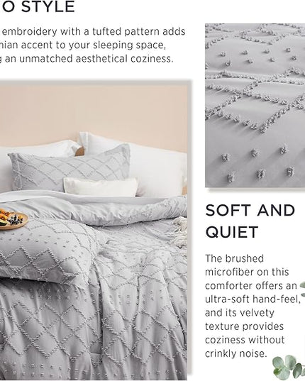 Bedsure Full Size Comforter Set - Light Grey Comforter, Boho Tufted Shabby Chic Bedding Comforter Set, 3 Pieces Farmhouse Bed Set for All Seasons, Fluffy Soft Bedding Set with 2 Pillow Shams - LeafyLoom