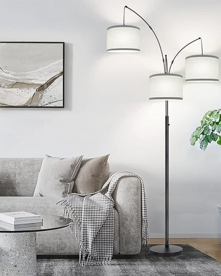 Dimmable Floor Lamp - 3 Lights Arc Floor Lamps for Living Room, 1000LM Modern Tall Standing Lamp With Gray Shades & Heavy Base, Mid Century Tree Floor Lamp for Bedroom Office, 3 LED Bulbs Included - LeafyLoom