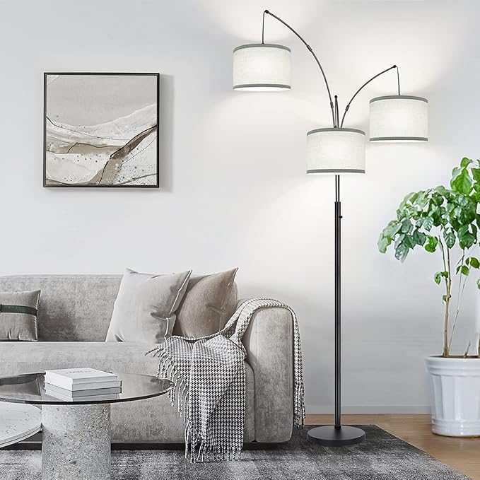 Dimmable Floor Lamp - 3 Lights Arc Floor Lamps for Living Room, 1000LM Modern Tall Standing Lamp With Gray Shades & Heavy Base, Mid Century Tree Floor Lamp for Bedroom Office, 3 LED Bulbs Included - LeafyLoom