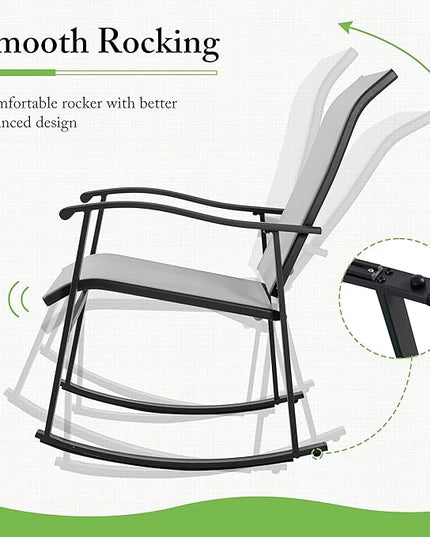 Shintenchi 3 Piece Rocking Bistro Set, Outdoor Furniture with Rocker Chairs and Glass coffee table set of 3, Balcony, Porch Furniture for Small Space, Light Gray - LeafyLoom