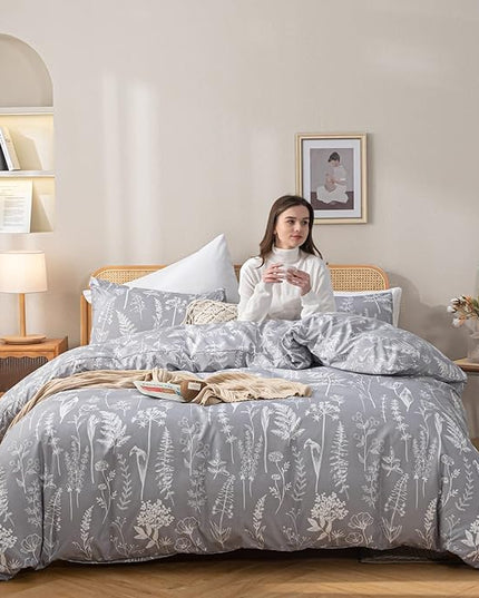 JANZAA Twin Comforter Set Floral Comforter Set Bedding Set White Flower Printing on Gray Comforter with 1 Pillow Case for All Season Using - LeafyLoom