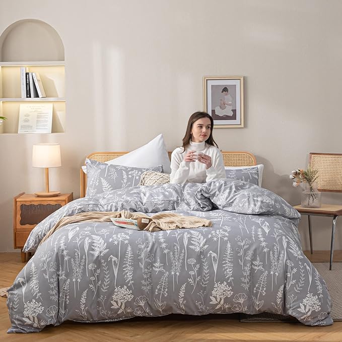JANZAA Twin Comforter Set Floral Comforter Set Bedding Set White Flower Printing on Gray Comforter with 1 Pillow Case for All Season Using - LeafyLoom