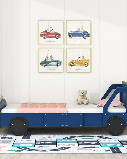 Twin Size Car-Shaped Bed Frame for Kids,Wooden Platform Bed with Wheels and Side Rails for for Boys Girls,Wood Slat Supports,No Box Spring Needed,Blue - LeafyLoom