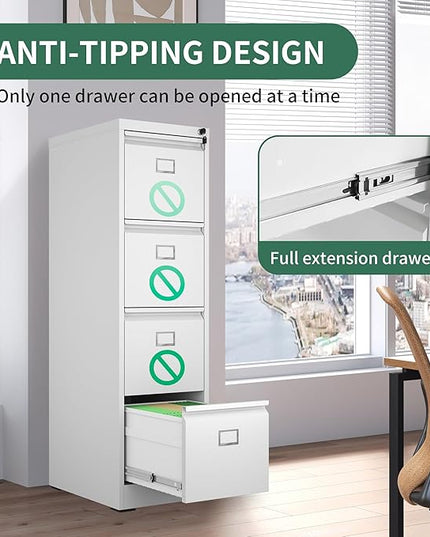 4 Drawer File Cabinet, Metal Vertical File Cabinets with Lock for Home Office, Heavy Duty Office Steel Filing Cabinet for Hanging Files for A4/ Legal/Letter,Assembly Required (White) - LeafyLoom