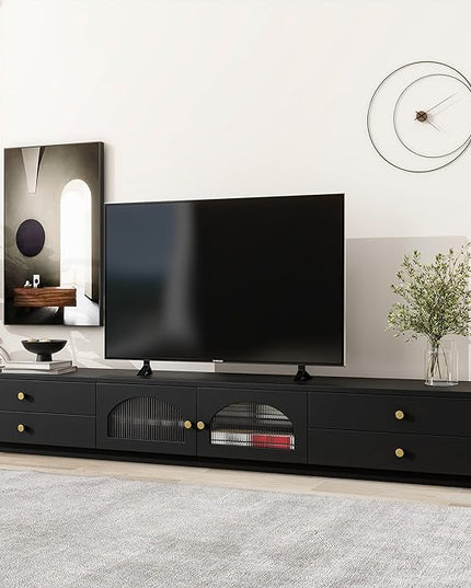 TV Stand with Drawers, 86 Inch Entertainment Center with Fluted Glass Doors for TVs Up to 90'', TV Console with Ample Storage Space for Living Room, Black - LeafyLoom