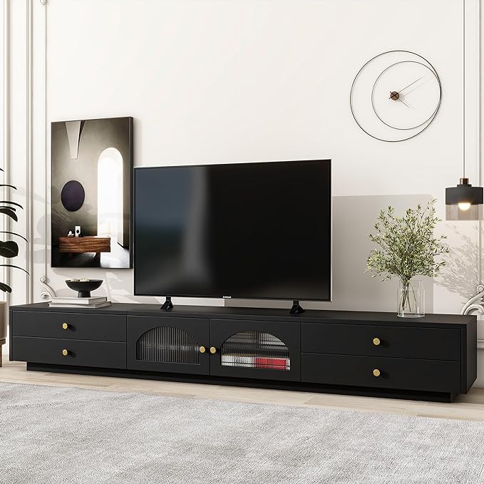 TV Stand with Drawers, 86 Inch Entertainment Center with Fluted Glass Doors for TVs Up to 90'', TV Console with Ample Storage Space for Living Room, Black - LeafyLoom