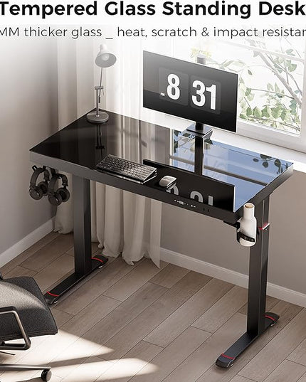 EUREKA ERGONOMIC RGB Glass Gaming Desk, Music Studio Desk, 47 Inch Adjustable Height Computer Desk Music Sensing LED Sit Stand Desk for Home Office Gamer w Dual Motors,USB Ports, APP Control - LeafyLoom