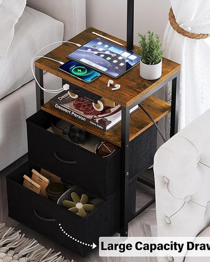 SUNMORY Floor Lamp with Table & 2 Drawers, Lamp with USB Port and Outlet, Nightstand with 3 Color Temperature Led Bulb Included, Floor Lamps for Living Room, Bedroom and Home Office, Rustic Brown - LeafyLoom