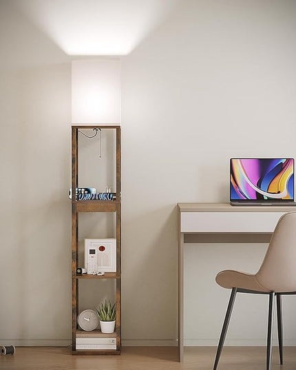 SUNMORY Floor Lamp with Shelves, Modern Dimmable Standing Lamp with Drawer & 2 USB Ports & 2 Power Outlet, Corner Tall Shelf Lamp for Living Room and Bedroom (Rustic Browm) - LeafyLoom