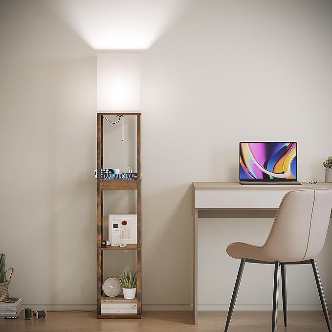 SUNMORY Floor Lamp with Shelves, Modern Dimmable Standing Lamp with Drawer & 2 USB Ports & 2 Power Outlet, Corner Tall Shelf Lamp for Living Room and Bedroom (Rustic Browm) - LeafyLoom