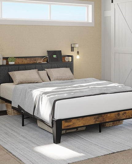 LIKIMIO Full Bed Frame, Storage Headboard with Charging Station, Solid and Stable, Noise Free, No Box Spring Needed, Easy Assembly - LeafyLoom