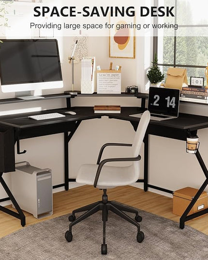 Wonder Comfort L Shaped 51 Inch Computer Desk with LED Lights，Corner Gaming Table Cup Holder Power Outlets/Monitor Stand for Home Office, Black - LeafyLoom