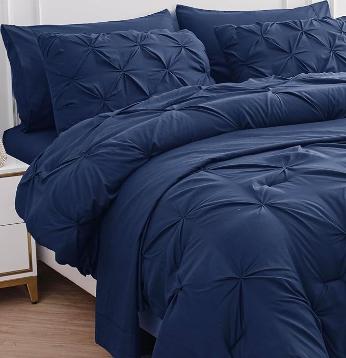 Lane Linen Bedding Comforter Set Full Size, 7 Piece Full Size Bed in a Bag Set, Soft Bedding Sets Full Size, Pintuck Full Bed Set, Full Size Comforter Sets with Sheets, Pillowcases & Shams - Navy Blue - LeafyLoom