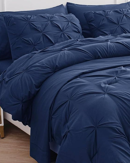 LANE LINEN California King Comforter Set, 7 Piece Cal King Bed in a Bag, Pintuck Cal King Bedding Set, Soft Cali King Bed Set, Cal King Bed Comforter Sets with Sheets, Pillowcases & Shams - Navy Blue - LeafyLoom