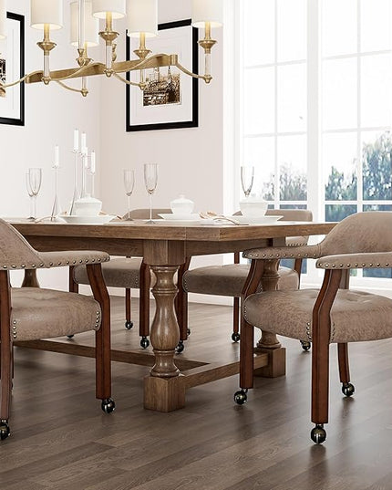 Dining Chairs with Casters and Arms, Rolling Dining Chairs with Wheels, Solid Wood Office Desk Chairs, 26“Dx25.2 Wx31.5“H, Cherry Legs & Yellowish Brown Fabric SY-1533-LT - LeafyLoom
