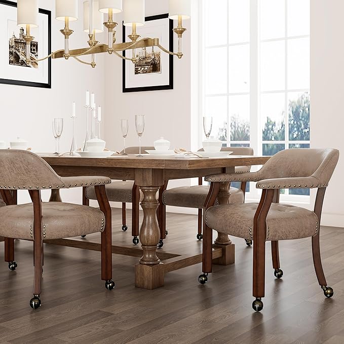 Dining Chairs with Casters and Arms, Rolling Dining Chairs with Wheels, Solid Wood Office Desk Chairs, 26“Dx25.2 Wx31.5“H, Cherry Legs & Yellowish Brown Fabric SY-1533-LT - LeafyLoom