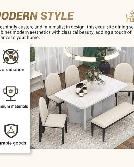 6-Piece Modern Style Dining Faux Marble Table and 4 Upholstered Chairs & 1 Bench, Restaurant Set for Kitchen, Home Bar, Diningroom, Living Room Furniture, Beige+White - LeafyLoom