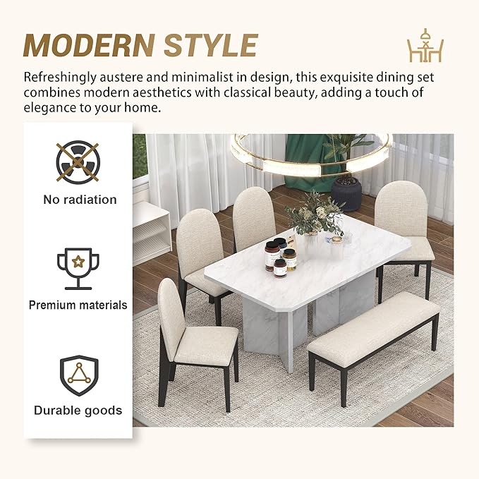 6-Piece Modern Style Dining Faux Marble Table and 4 Upholstered Chairs & 1 Bench, Restaurant Set for Kitchen, Home Bar, Diningroom, Living Room Furniture, Beige+White - LeafyLoom