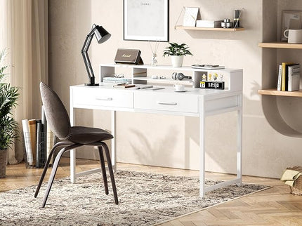 Computer Desk with Drawers, 47" Home Office Desk with Monitor Shelf, Writing Desk with Storage, Gaming Desk Work Desk Study Desk for Bedroom, White - LeafyLoom