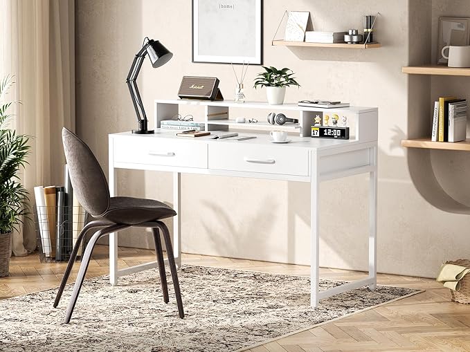 Computer Desk with Drawers, 47" Home Office Desk with Monitor Shelf, Writing Desk with Storage, Gaming Desk Work Desk Study Desk for Bedroom, White - LeafyLoom