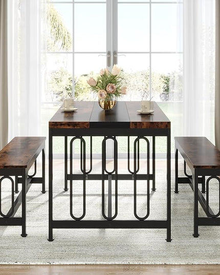Tribesigns 55 Inch Dining Table Set for 4-6, 3-Piece Kitchen Table with 2 Benches, Space-Saving Dining Room Table Set for Home Kitchen, Restaurant, Rustic Brown - LeafyLoom