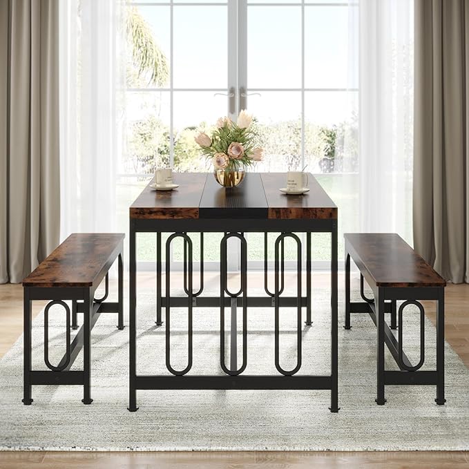 Tribesigns 55 Inch Dining Table Set for 4-6, 3-Piece Kitchen Table with 2 Benches, Space-Saving Dining Room Table Set for Home Kitchen, Restaurant, Rustic Brown - LeafyLoom