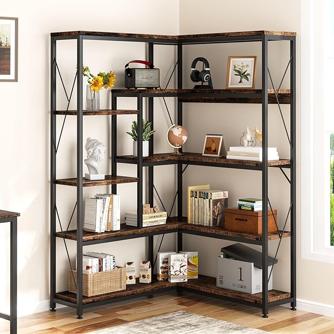 Shintenchi 5 Tiers Corner Bookshelf, 70.86" Tall L-Shaped Bookcase, Large Corner Etagere Bookcase, Corner Shelf Display Storage Rack with Metal Frame for Living Room Home Office, Rustic Brown - LeafyLoom