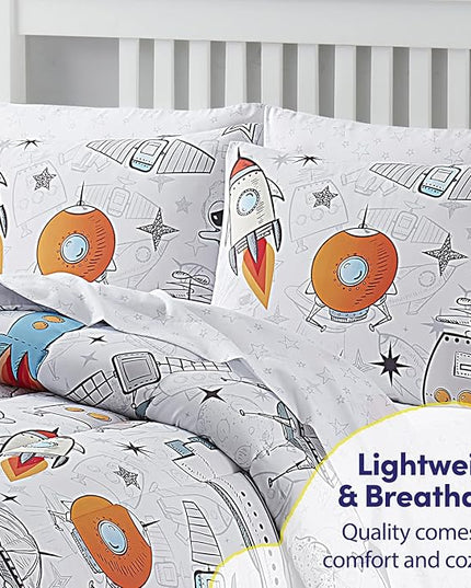 Kids Bedding Set Bed in a Bag for Boys and Girls Toddlers Printed Sheet Set and Comforter, Full, Floating in Space (Pack of 4) - LeafyLoom