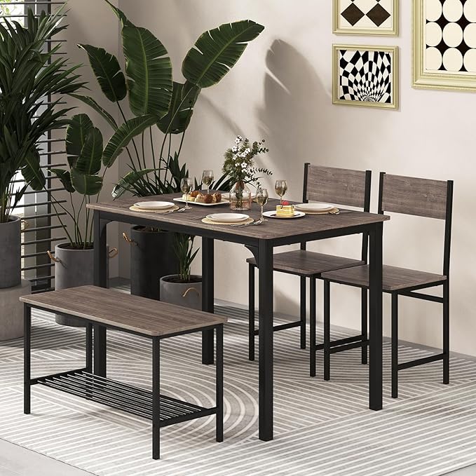 Moccha Dining Table Set for 4, Wooden Kitchen Table with with 2 Chairs and a Long Bench, Modern 4-Piece Dinette with Metal Frame & Storage Rack, Space-Saving Table Set for Dining Room, Black Oak - LeafyLoom