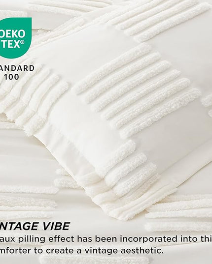 Bedsure Queen Comforter Set Cream White, Boho Tufted Bedding Comforter Set, Grande Checkered Farmhouse Shabby Chic Bed Set, 3 Pieces, 1 Plaid Geometric Comforter and 2 Pillow Shams - LeafyLoom