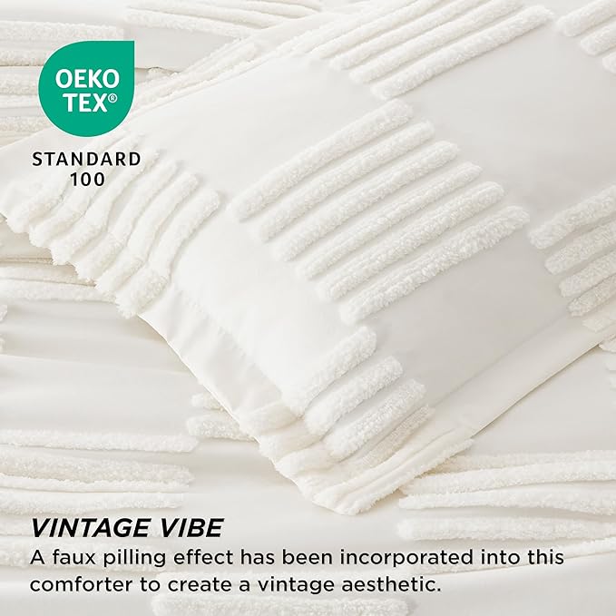 Bedsure Queen Comforter Set Cream White, Boho Tufted Bedding Comforter Set, Grande Checkered Farmhouse Shabby Chic Bed Set, 3 Pieces, 1 Plaid Geometric Comforter and 2 Pillow Shams - LeafyLoom