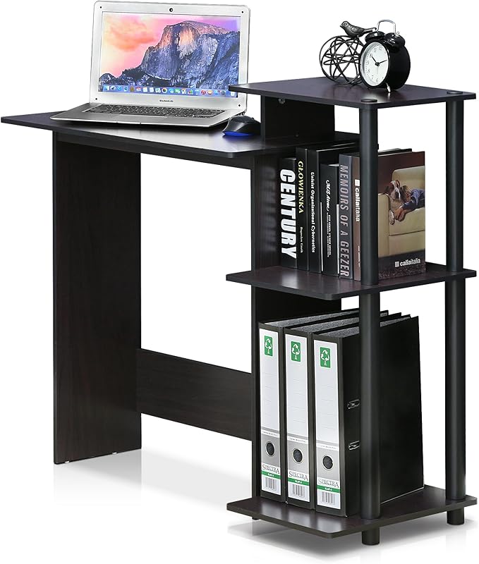 Furinno Efficient Home Laptop Notebook Computer Desk with Square Shelves, Dark Walnut - LeafyLoom