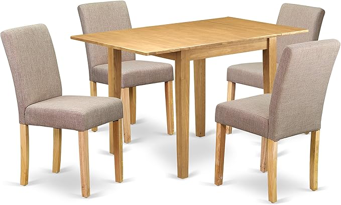 East West Furniture 1NDAB5-OAK-04 5 Piece Set includes a Rectangle Dining Room Table with Dropleaf and 4 Light Tan Linen Fabric Upholstered Parson Chairs, 30x48 Inch - LeafyLoom