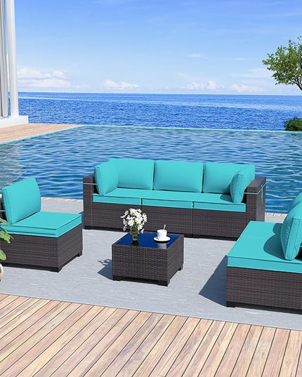 Outdoor Furniture Set 7PCS Patio Furniture for Backyard Wicker Sectional Sofa Set 6 Seats, PE Rattan Outdoor Conversation Set with Thickened Cushions and Glass Coffee Table, Blue - LeafyLoom