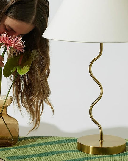 Brightech Squiggle Desk Lamp – Tall LED Table Lamp for Bedroom, Living Room, Office – Boho Mid-Century Modern Bedside Table Lamp with A-Line Open Shade and LED Bulb – Gold/Antique Brass - LeafyLoom