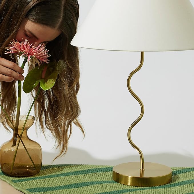 Brightech Squiggle Desk Lamp – Tall LED Table Lamp for Bedroom, Living Room, Office – Boho Mid-Century Modern Bedside Table Lamp with A-Line Open Shade and LED Bulb – Gold/Antique Brass - LeafyLoom