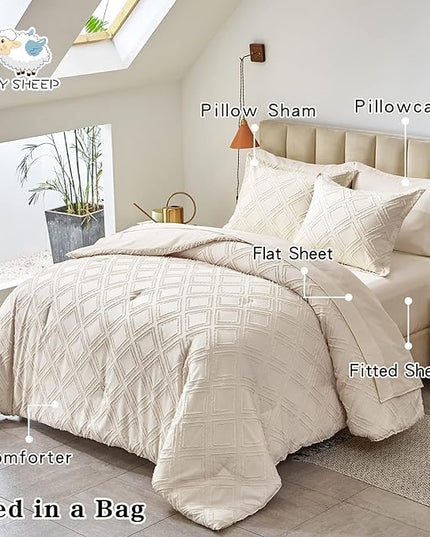 7 Pieces Tufted Bed in a Bag King Comforter Set with Sheets Beige, Soft and Embroidery Shabby Chic Boho Bohemian, Luxury Solid Color with Diamond Pattern, Jacquard Tufts Bedding Set for All Season - LeafyLoom