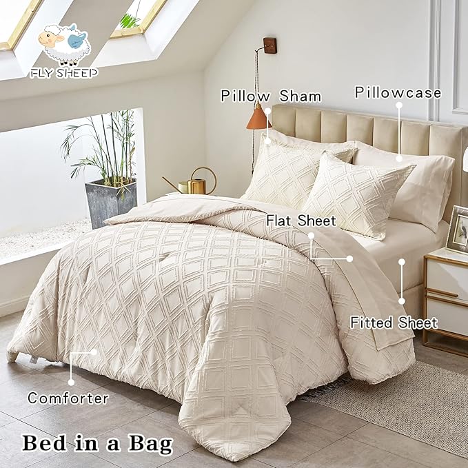 6 Pieces Tufted Bed in a Bag Twin Comforter Set with Sheets Beige, Soft and Embroidery Shabby Chic Boho Bohemian Design, Luxury Solid Color with Diamond Pattern, Jacquard Tufts Bedding Set for Kids - LeafyLoom