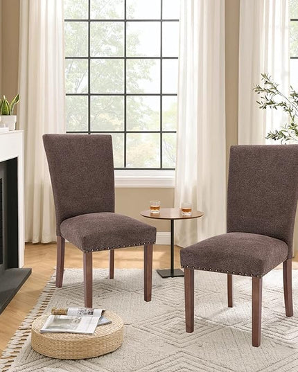 Parsons Dining Chairs Set of 2, Upholstered Nailhead Dining Room Kitchen Side Chair with Thick Cushions and Wood Legs, Brown - LeafyLoom