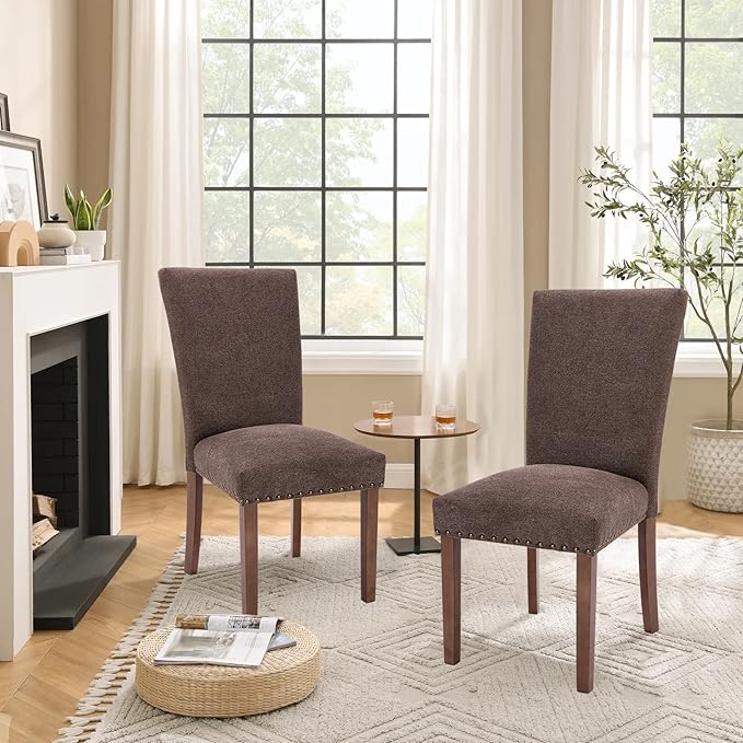 Parsons Dining Chairs Set of 2, Upholstered Nailhead Dining Room Kitchen Side Chair with Thick Cushions and Wood Legs, Brown - LeafyLoom